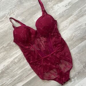 Dark Red Sheer Lace Teddy Bodysuit